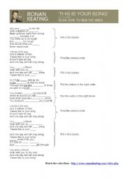 English worksheet: This is your song, Ronan Keating