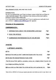 English Worksheet: ARTICLE ANALYSE (teachers note)