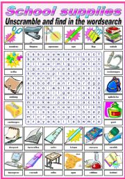 SCHOOL SUPPLIES - WORDSEARCH (B&W VERSION INCLUDED)