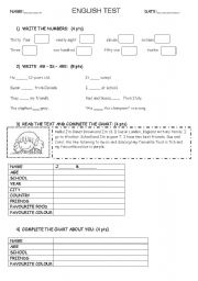 English Worksheet: easy test to revise verb to be(affirm), numbers & text to read and complete