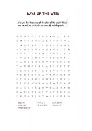 English worksheet: Days of the week - Wordsearch