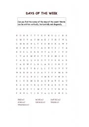 English Worksheet: Days of the week - Wordsearch