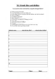 English worksheet: my friends likes and dislikes