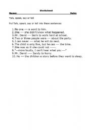 English Worksheet: talk,speak, tell and say