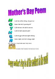 English worksheet: mothers day poem