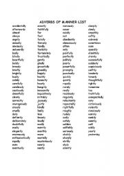 English Worksheet: Adverbs of Manner List