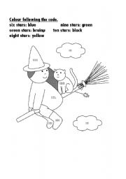 English Worksheet: colour following the code: The witch