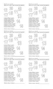 English Worksheet: Read and colour numbers from 10 to 20