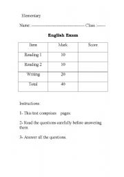 English Worksheet: English Exam-Elementary English 