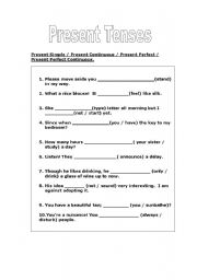 English worksheet: present tenses for pre lower classes