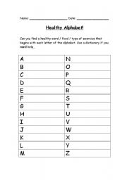 English worksheet: healthy alphabet