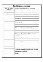 English worksheet: Spelling activities and assessment