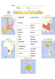 English Worksheet: countries and nationalities