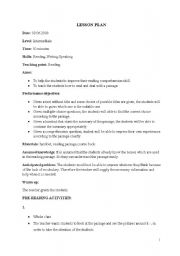 English worksheet: reading lesson plan