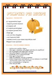 English Worksheet: PUMPKIN PIE RECIPE