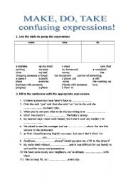English Worksheet: Make Do Take- confusing expressions