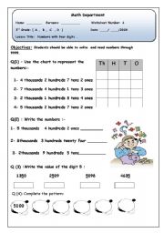 English Worksheet: number with four digits