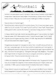 English Worksheet: Football reading comprehension text