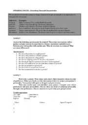 English Worksheet: Speaking Focus - describing personal characteristics 