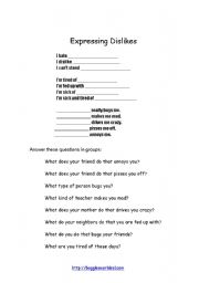 English Worksheet: dislike