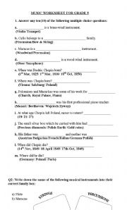 English worksheet: MUSIC WORKSHEET for Grade5