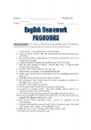 English Worksheet: PRONOUNS HOMEWORK FOR 9TH GRADERS