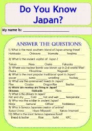 English Worksheet: Do You Know Japan? Answer the Questions.