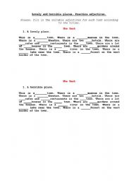 English worksheet: Lovely and horrible places. Practice adjectives.