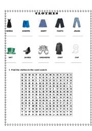 English Worksheet: Clothes Wordsearch