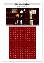 English worksheet: Waltzing Matilda flashcards and wordsearch