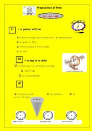 English Worksheet: prepositions of time + telling the time+ exercise