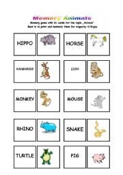 English Worksheet: Memory game Animals