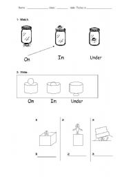 English worksheet: Prepositions on in under