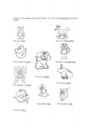 English Worksheet: Animals and colors