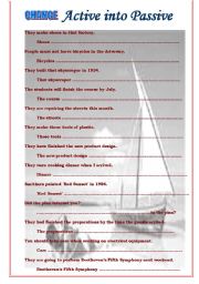 English Worksheet: CHANGE ACTIVE INTO PASSIVE - transformations