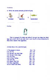 English Worksheet: Vocabulary and Reading part for Quiz for 3rd grade