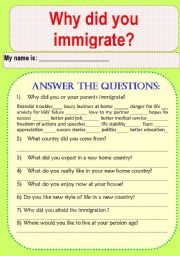 English Worksheet: Why Did You Immigrate?
