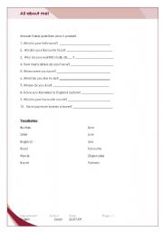 English Worksheet: All about me