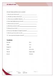 English worksheet: All about me