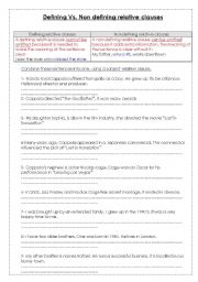 English Worksheet: Defining Vs Non Defining Relative clauses 