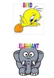 English worksheet: animal flashcards (a bird, an elephant)