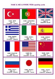 English Worksheet: name , age , countries speaking cards