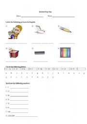 English Worksheet: Classroom vocabulary, alpha and number review