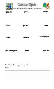 English worksheet: classroom objects