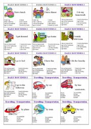 English Worksheet: family cards page 11 - daily routines 1, dailly routines 2, transport