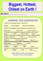 English Worksheet: Hottest, Biggest, Oldest FACTS on the Earth. Questions in Classroom.