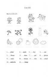 English Worksheet: a or an or x