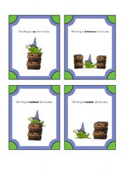 English Worksheet: Frog Wizard Preposition Cards with Story to Complete (8 Preposition Cards with 4 Backing Cards)