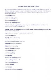 English worksheet: some/any + body, thing, where