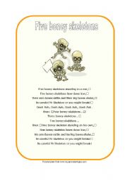 English worksheet: Five boney skeletons - Lyrics